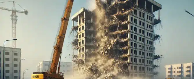 photograph of a tall construction demolition machine with a long arm carefully dismantling a 13 story building